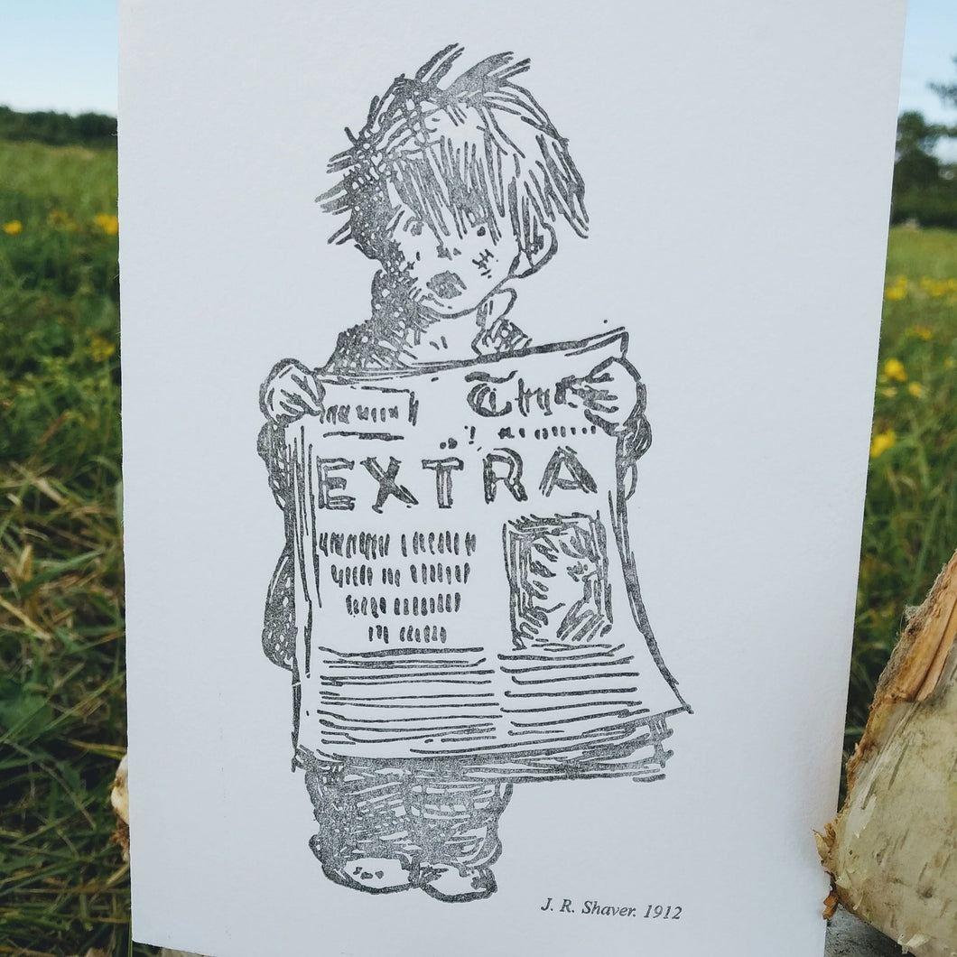 Letterpress card: Newsboy with the news