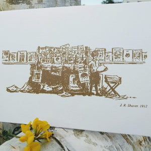 Letterpress card: Newsboy with his wares